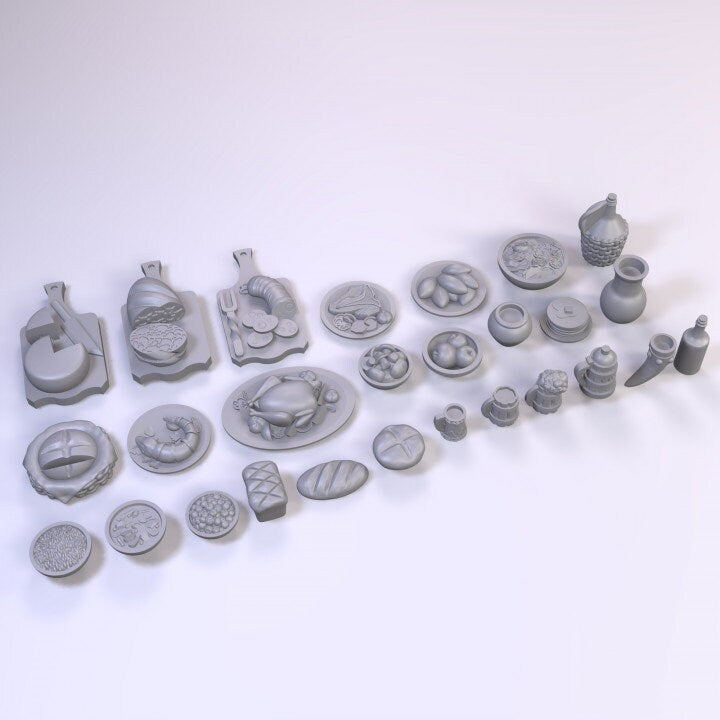 
Medieval Meal Food Dishes DnD Dungeons and Dragons 28mm/32mm Dollhouse Food Platters TTRPG Wargame Miniatures DnD Scatter Tavern food