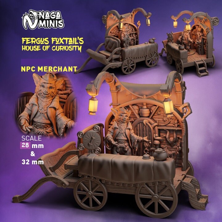 
Magic Shop with Fox Folk Merchant DnD Dungeons and Dragons 28mm/32mm Pathfinder TTRPG Wargame Miniatures Fergus Foxtail's House of Curiosity