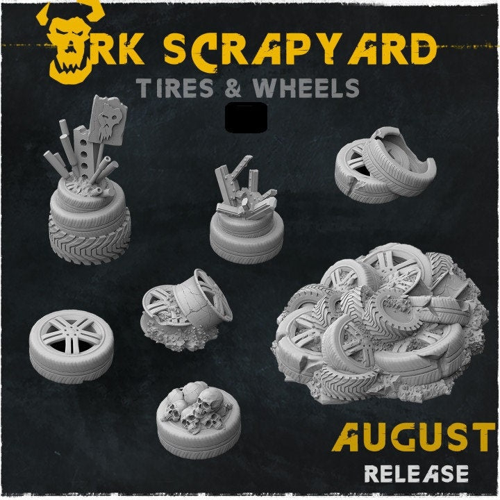 7pc Orc Scrap yard DnD Dungeons and Dragons Tires and Wheels 28mm/32mm Basing bits and materials DnD Scatter Terrain Wargame TTRPG Scatter