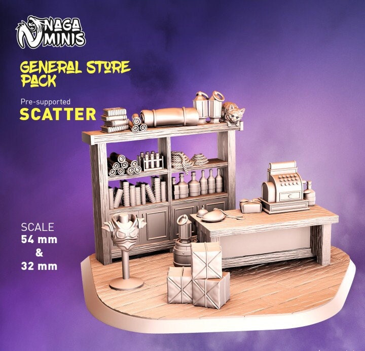 
General Store Scatter DnD Dungeons and Dragons 28mm/32mm TTRPG Wargame Scatter Terrain Miniatures Cat on Shelf Furniture Pieces for Dioramas