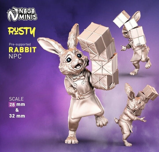 Clumsy Rabbit Folk Shop Assistant DnD Dungeons and Dragons 28mm/32mm TTRPG Fantasy Wargame Miniature Animalfolk NPC townsfolk miniature