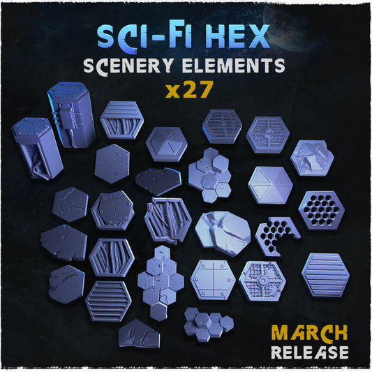 27pc Sci-fi Hex Scenery Elements Basing Bits 28mm/32mm Basing Materials Modular Miniatures Sci-fi Dystopian Wargaming 40K Cyberpunk Scatter