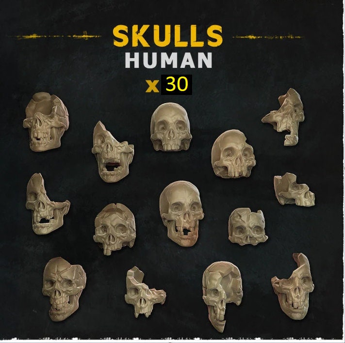 30pc Human Skulls 28mm/32mm Scale Basing Materials TTRPG Skulls Scatter Terrain Miniature Fantasy Scenery Dungeons and Dragons Warhammer 40K