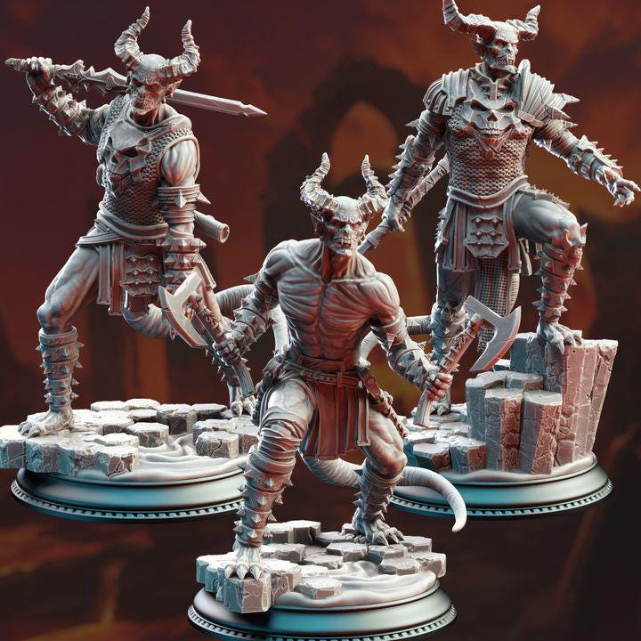 
3pc Devil Warriors of the Hell DnD Dungeons and Dragons 28mm/32mm TTRPG Fantasy Wargame Miniature DnD 5e Pathfinder Nosmeni Warrior Monsters