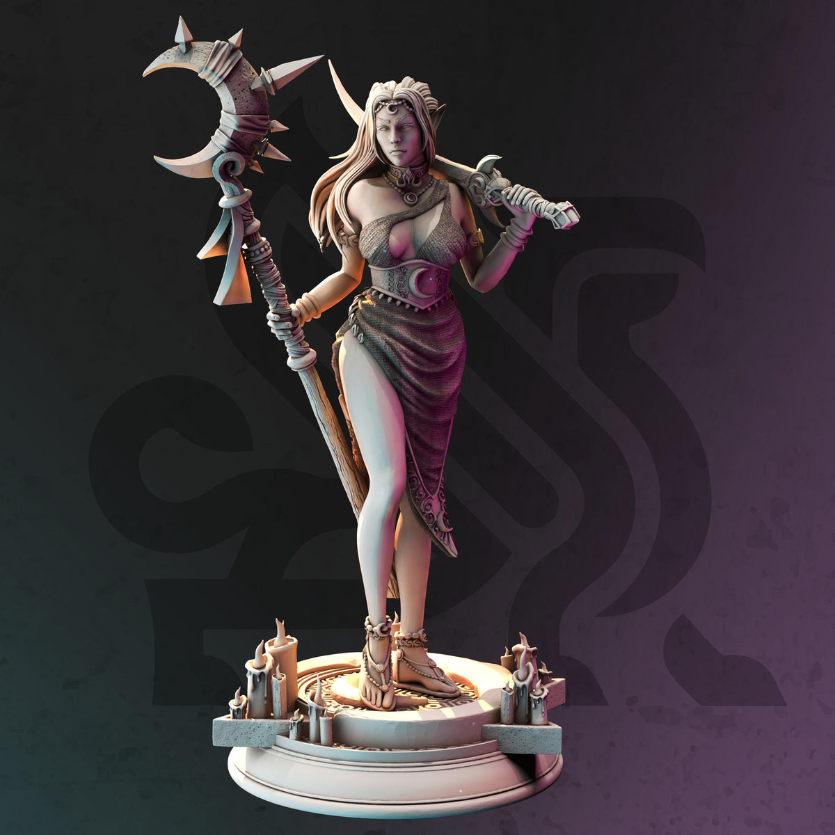 
Lunar Priestess of the Moon Armed with A Sword and Moon Staff For DnD Dungeons and Dragons 28mm/32/38mm