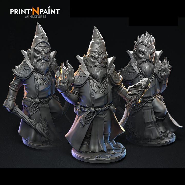 
3pc Gnome Pyromancers – Fantasy Fire Mage Miniature Set – 28mm 32mm 35mm 54mm Scale – Tabletop RPG Figures for DnD & Pathfinder – Gray PLA –PnP
