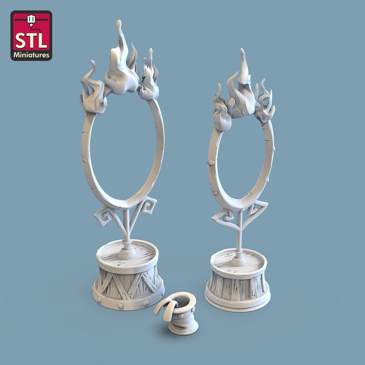 
2pc Carnival Fire Rings and Bucket DnD Dungeons and Dragons 28mm/32mm Scatter Scenery TTRPG Fantasy Miniature Scenery Carnival Figurines