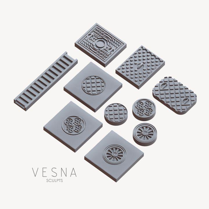 
10pc Manhole and Coalhole Miniatures DnD Dungeons and Dragons DnD Scatter Terrain 28mm/32mm Street Terrain - VS