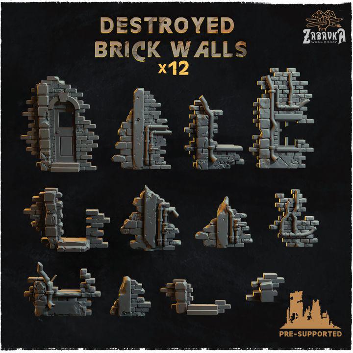 
12pc Destroyed Brick Walls basing set