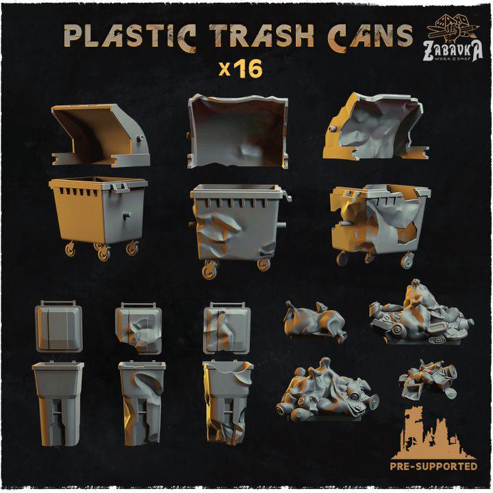 
16pc Plastic Trash Cans (Basing Bits 2.0) 28mm/32mm Scale Scatter Terrain Basing Materials City Landfill Dystopian Urban Scenery ElementsZbW