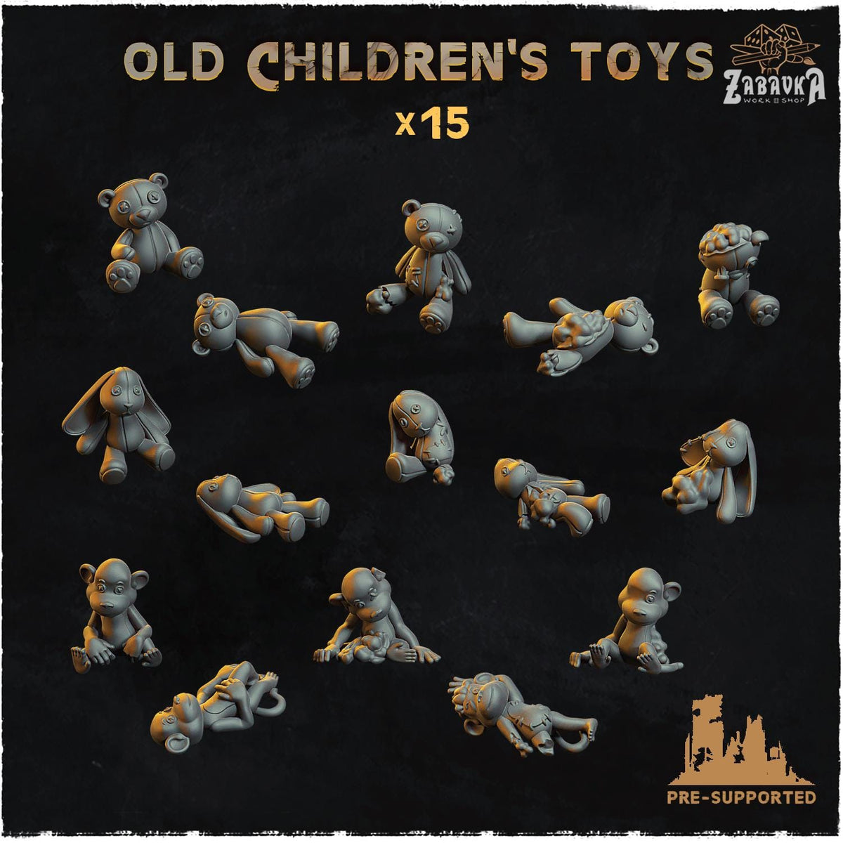 
15pc Old Children’s Toys (Basing Bits 2.0) 28mm/32mm TTRPG Scatter Abandoned Teddy, Bunny, & Monkey Toy Miniatures Dystopian Toy ElementsZbW