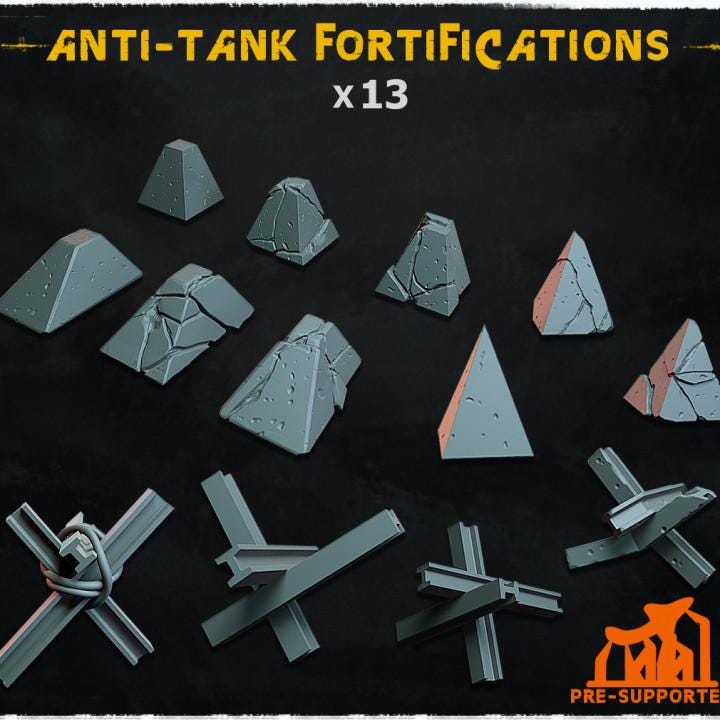 
13pc Anti-Tank Fortifications (Basing Bits 1.0) 28mm/32mm Military Wargame Scatter Battlefield Road Block Spikes Miniature Scenery Elements