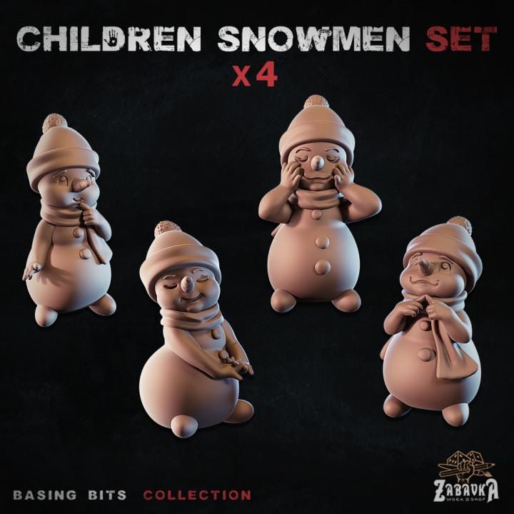
4pc Children Snowmen - Basing Bits 28mm/32mm TTRPG Festive Winter Basing Materials Winter Holiday Scenery Elements Cute Snowman Miniatures