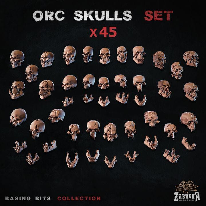 
45pc Orc Skulls DnD Dungeons and Dragons 28mm/32mm TTRPG Fantasy Wargame Scatter Terrain Miniature Basing bitsZbW