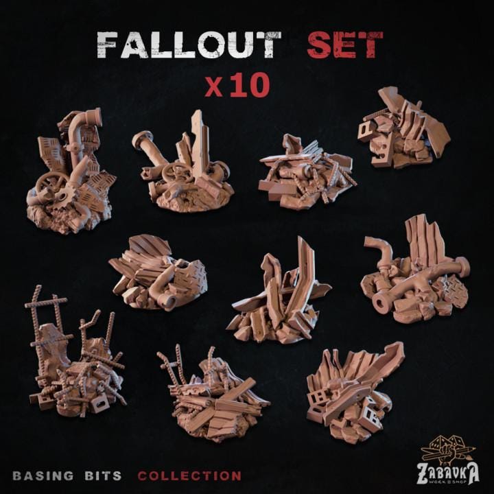 
10pc Fallout set - Basing Bits 28mm/32mm Basing Dystopian Fallout Miniatures Metalic Landfill Rubble Garbage Pipe Scatter Scenery Elements