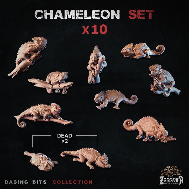 
10pc Chameleon Basing Bits 28mm/32mm TTRPG Wargame Miniature Scatter Terrain Lizard Miniatures Jungle Wargame Scenery Forest MiniaturesZbW