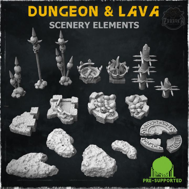 
Dungeon & Lava - Scenery Elements - 28mm/32mm Fantasy TTRPG Dungeon Battlefield Scatter Skull Miniatures Torture Scenery ElementsZbW