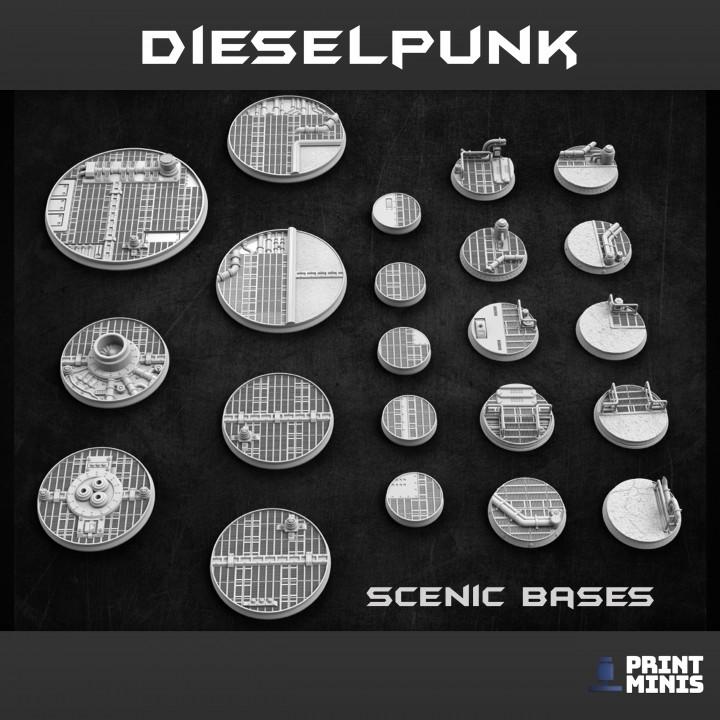 
22pc Industrial Bases - Dieselpunk Collection | TTRPG Scenic Sci-fi Miniature Display Bases Industrial Wargaming Scatter