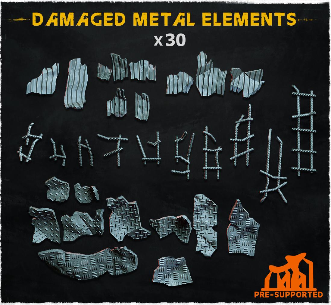 
30pc Damaged Metal Elements (Basing Bits 1.0) 28mm/32mm TTRPG Post-apocalyptic Sci-fi Battlefield Trash Basing Damaged Industrial ScatterZbW