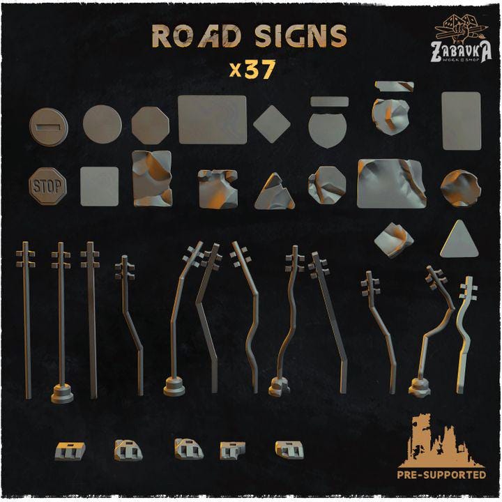 
37pc Road Signs (Basing Bits 2.0) 28mm/32mm TTRPG 40K Post-apoc Wargaming Basing Materials Dystopian City Road Sign Scenery ElementsZbW
