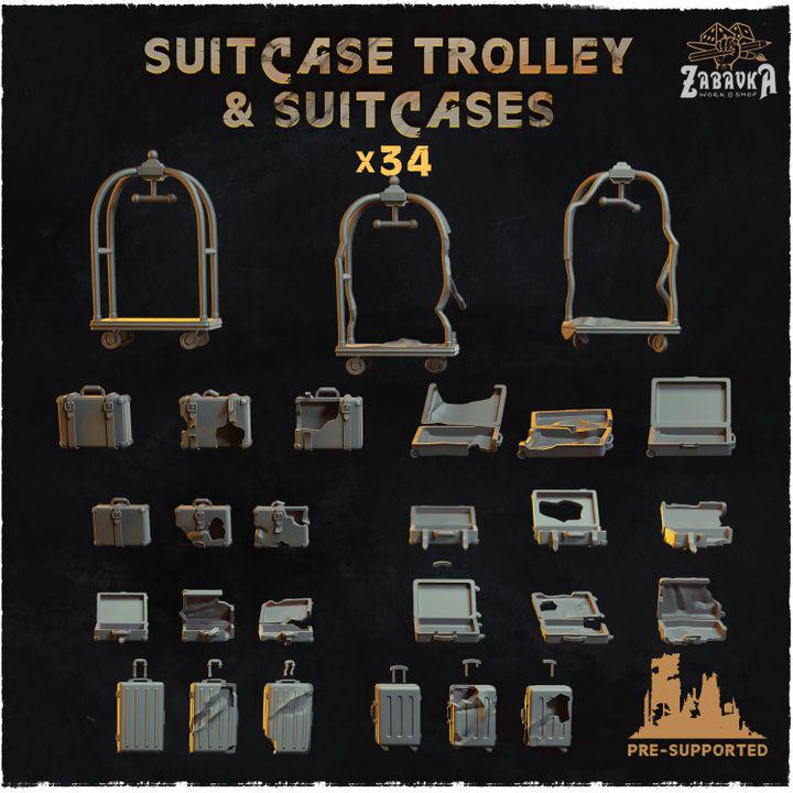 
34pc Suitcase Trolley & Suitcase Hotel Miniatures 28mm/32mm Hotel Scatter Suitcase Miniatures Dystopian Abandoned Hotel Scenery ElementsZbW
