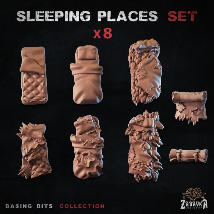 
8pc Sleeping Places - Basing Bits 28mm/32mm RPG Wargaming Basing Materials Sleeping Bag Bedding Miniatures Hiking Camping Scenery Elements