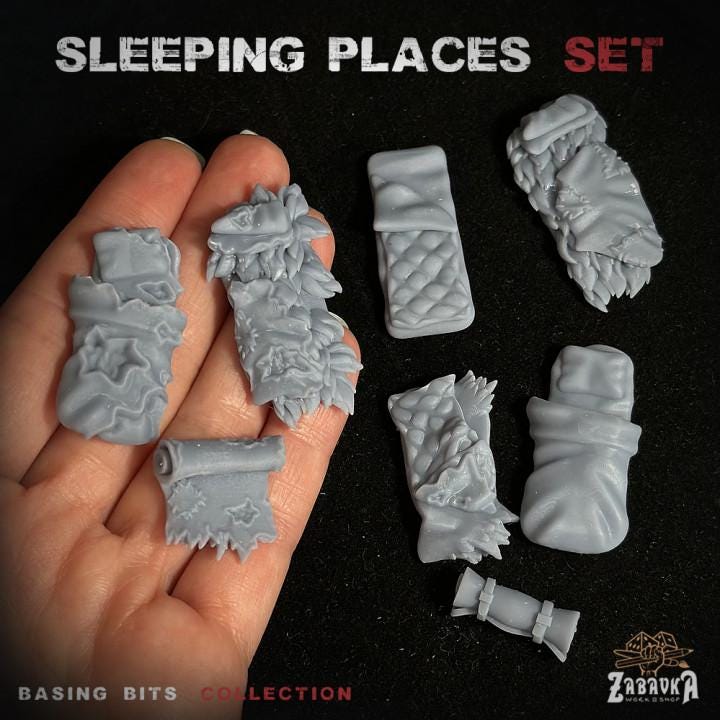 
8pc Sleeping Places - Basing Bits 28mm/32mm RPG Wargaming Basing Materials Sleeping Bag Bedding Miniatures Hiking Camping Scenery Elements