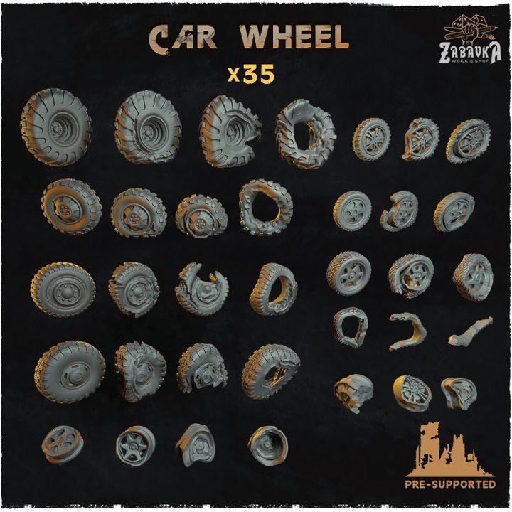 
35pc Car Wheel (Basing Bits 2.0) 28mm/32mm Scale Basing Materials Landfill Scrapyard Miniatures Melted Rubber Rims Car Wreck Tire Elements
