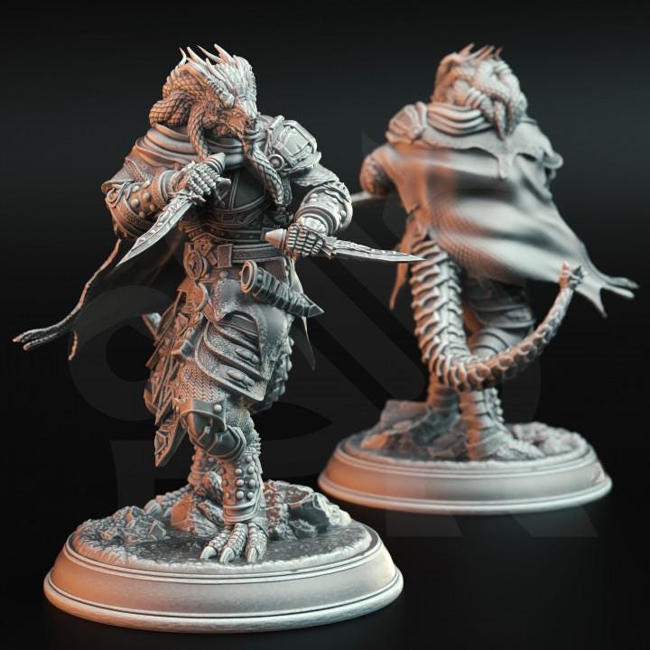 
Dragonborn Assassin Rogue - Umbrascale | 28mm/32mm/38mm TTRPG Rokarthion Fantasy Wargaming Lizardfolk Kargon the Black Death Dragonkin
