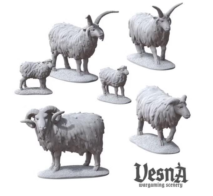 
Six Northern European sheep miniatures for 28mm or 32mm tabletop scale