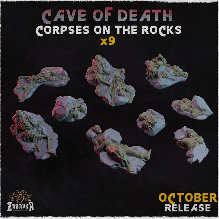 
9 piece Cave Corpse Skeletons grey resin terrain set