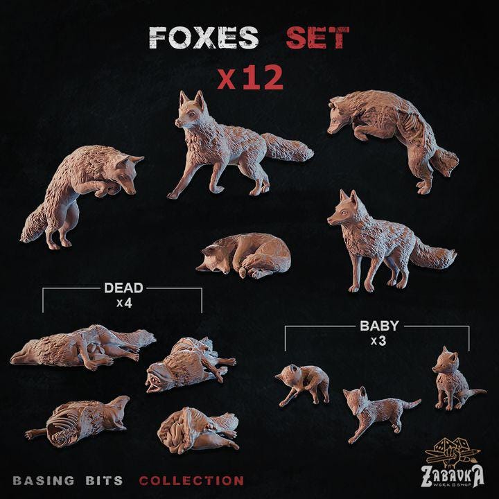
12 piece foxes resin miniatures for tabletop terrain