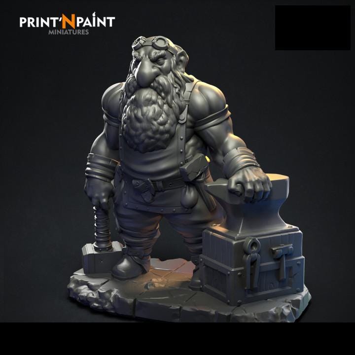 
Forger Dwarf fantasy blacksmith miniature printed in gray PLA