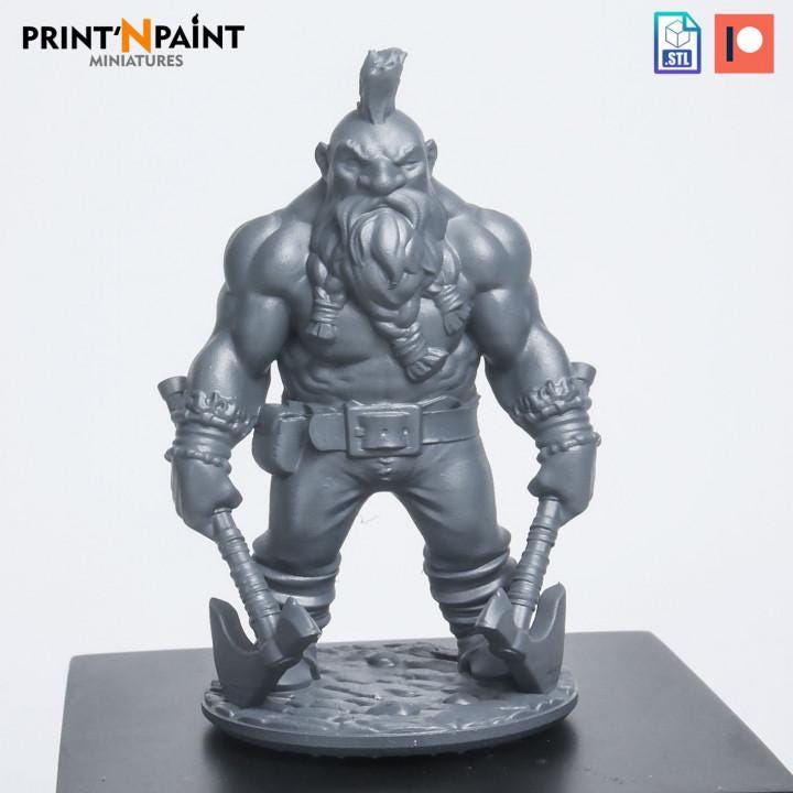 
Halfdan Giant Slayer dwarf warrior miniature in gray PLA