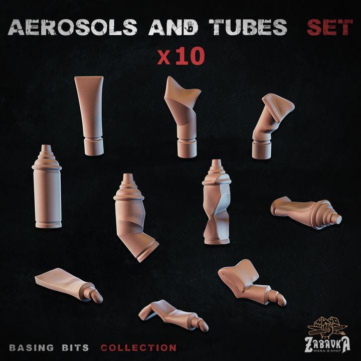 
Miniature aerosol cans and tubes basing bits