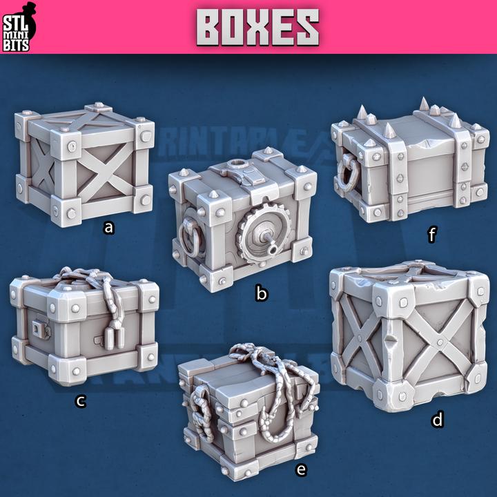
Six miniature box crates for tabletop terrain