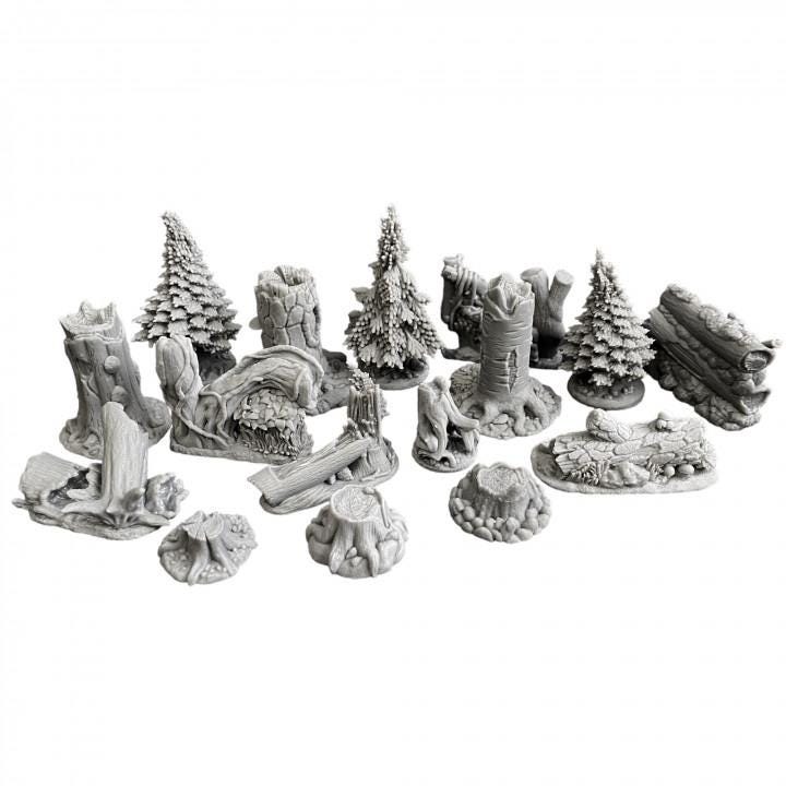
Forest Miniature Scatter DnD Dungeons and Dragons 28mm/32mm TTRPG Wargame Miniature Old Woods Tree Miniature Logs Fallen Tree Stumps